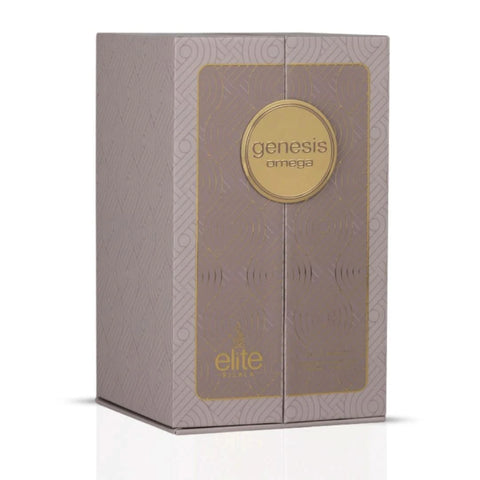 Elite Risala Genesis Omega Eau de Parfum spray 100ml bottle with sleek design and clear fragrance label.