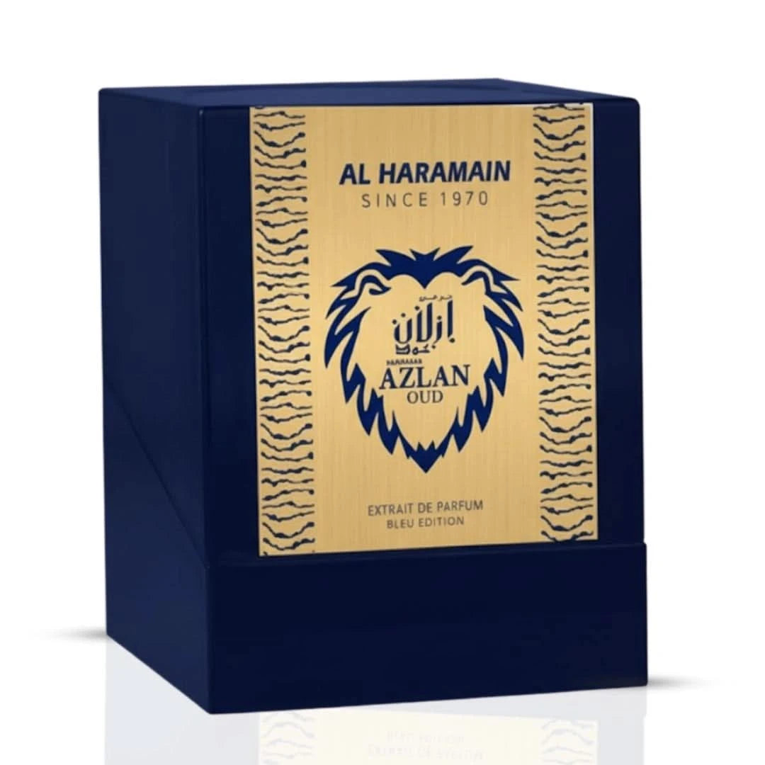 Al Haramain Azlan Oud Bleu Edition Extrait de Parfum spray bottle, 100ml, showcasing elegant packaging and design.