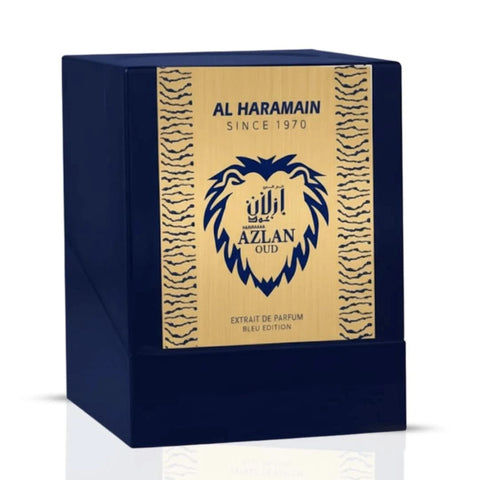 Al Haramain Azlan Oud Bleu Edition Extrait de Parfum spray bottle, 100ml, showcasing elegant packaging and design.