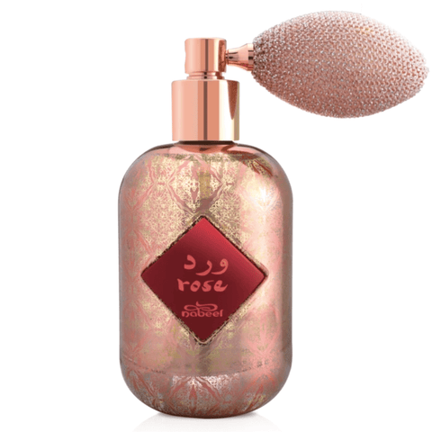 Nabeel Rose EDP Eau De Parfum 100 ML bottle with elegant floral design and rose-themed accents.