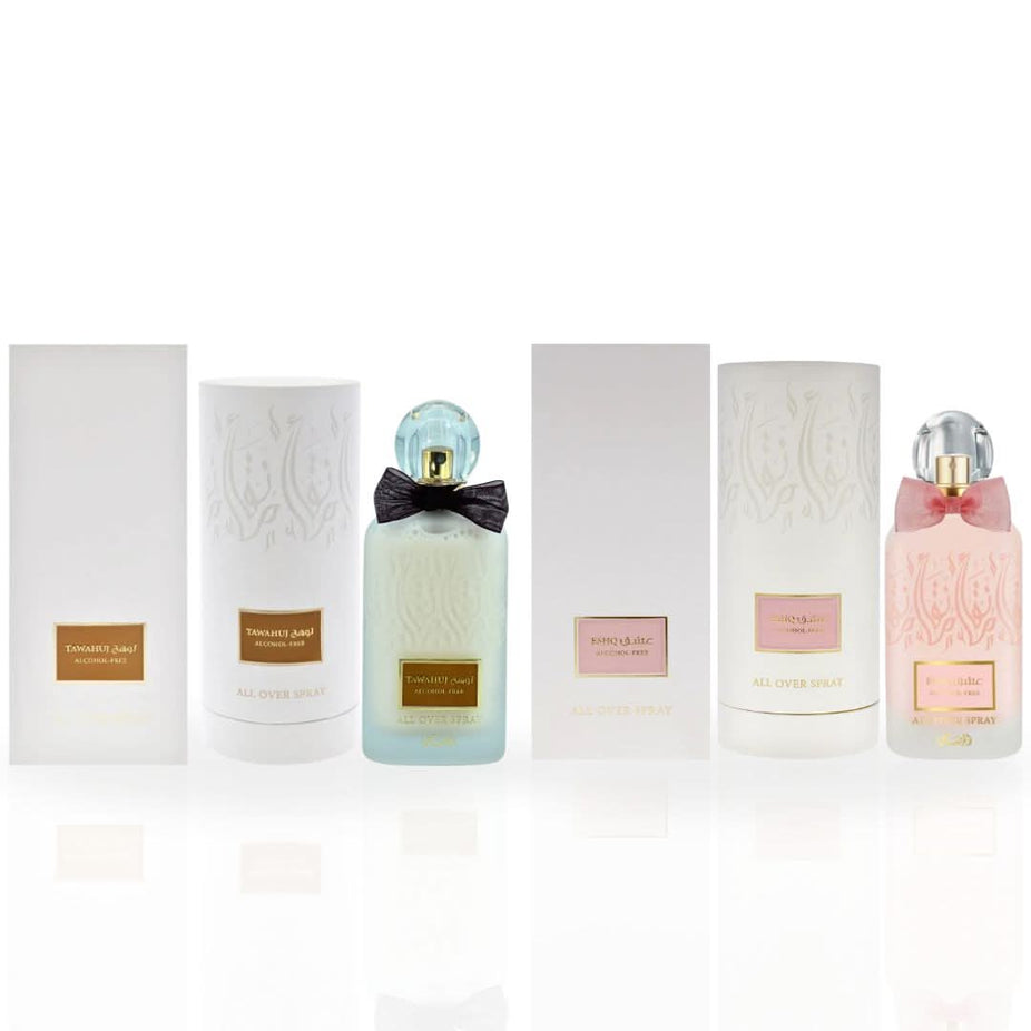 Rasasi Tawahuj & Eshq alcohol-free Eau de Parfum spray bundle, 100ml each, with elegant bottles and labels.