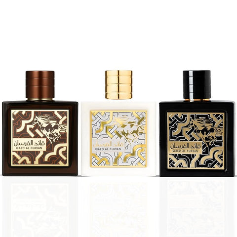 Lattafa Qaed Al Fursan collection with 90ml Eau de Parfum sprays, including Qaed Al Fursan, Unlimited, and Untamed fragrances.