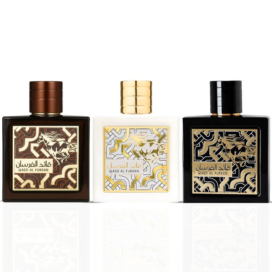 Lattafa Qaed Al Fursan perfume collection with three 90ml Eau de Parfum sprays: Unlimited, Untamed, and Qaed Al Fursan.