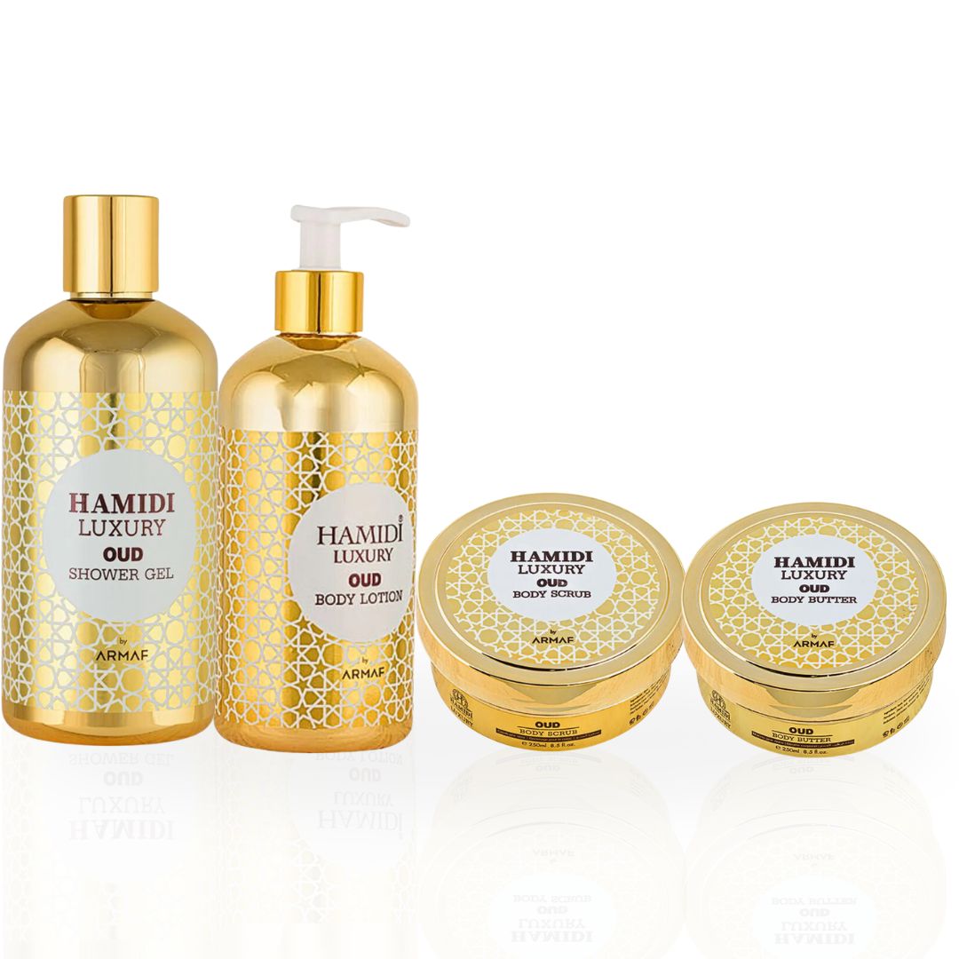 4PCS LUXURY OUD - Bath & Body Gift Set Magnetic Box By Hamidi | Ultra Moisturizing, Skin-Nourishing, Naturally Derived Ingredients. (PACK OF 4) - Intense Oud