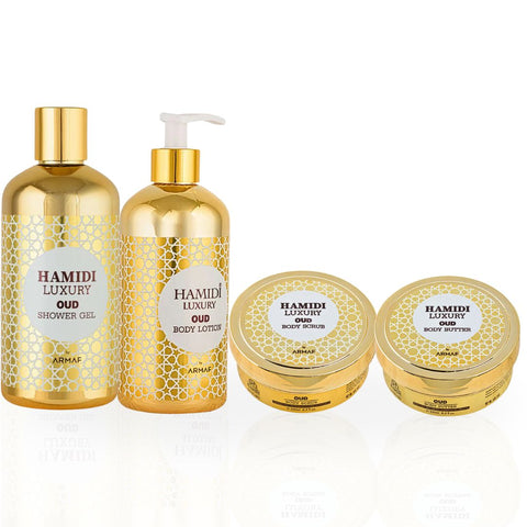 4PCS LUXURY OUD - Bath & Body Gift Set Magnetic Box By Hamidi | Ultra Moisturizing, Skin-Nourishing, Naturally Derived Ingredients. (PACK OF 4) - Intense Oud