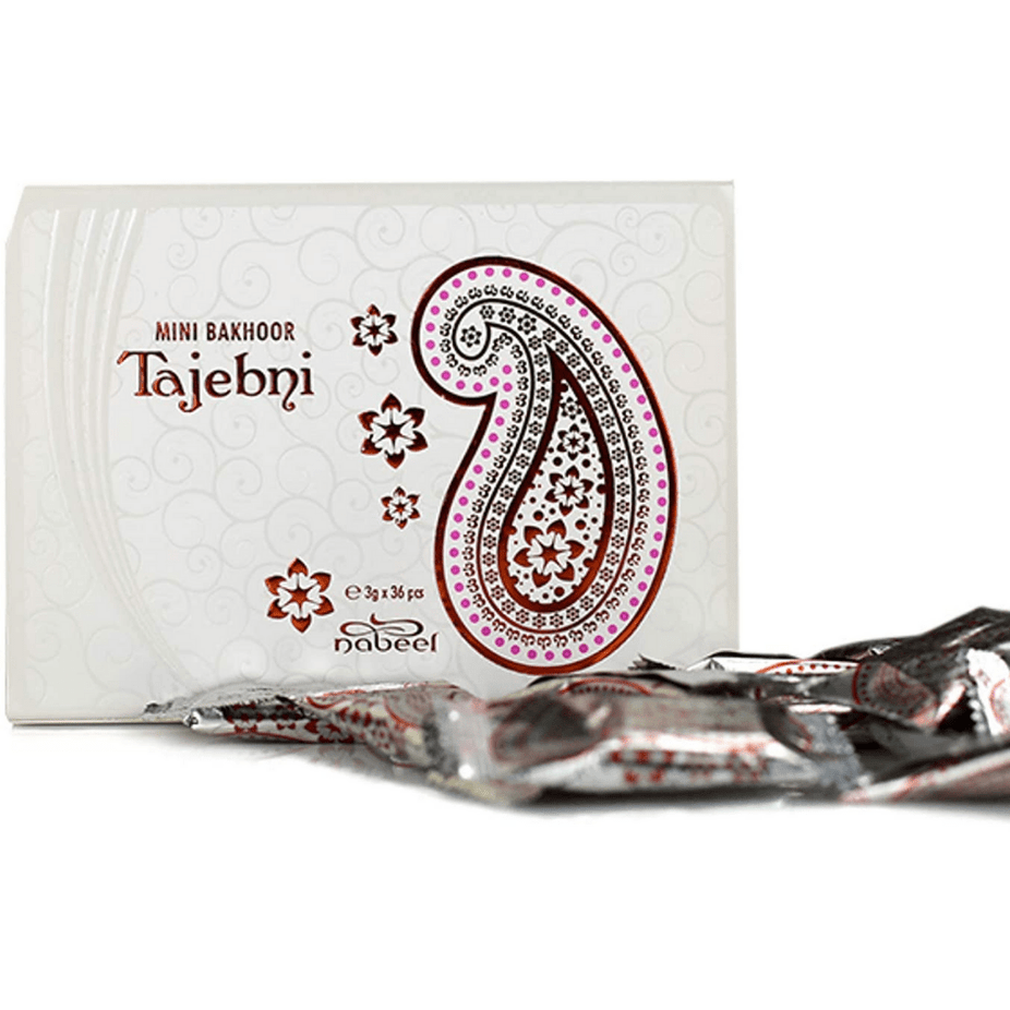 Nabeel Tajebni Mini Bakhoor, 3x36g, traditional aromatic incense for home fragrance, in colorful packaging.