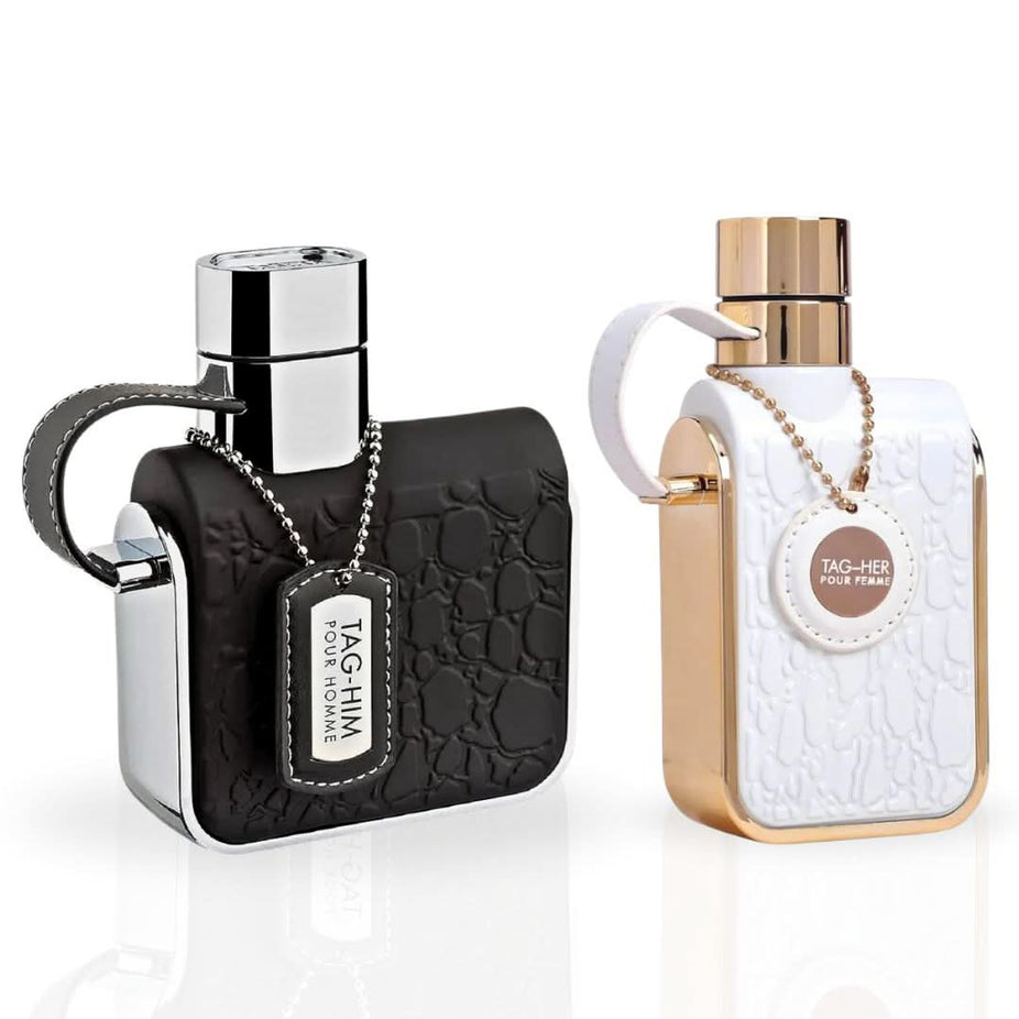 Armaf Tag Him and Tag Her Eau de Parfum sprays in 100ml bundle, featuring sleek bottles with elegant labels.
