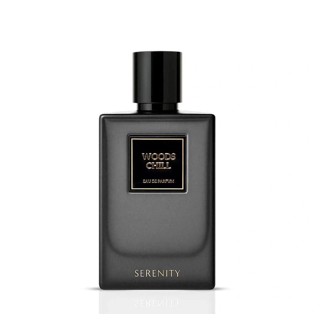 Serenity Woods Chill Eau de Parfum spray bottle, 50ml, with elegant design and floral notes on the packaging.
