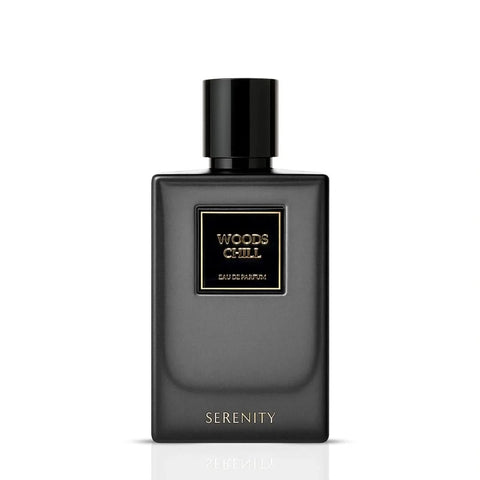 Serenity Woods Chill Eau de Parfum spray bottle, 50ml, with elegant design and floral notes on the packaging.