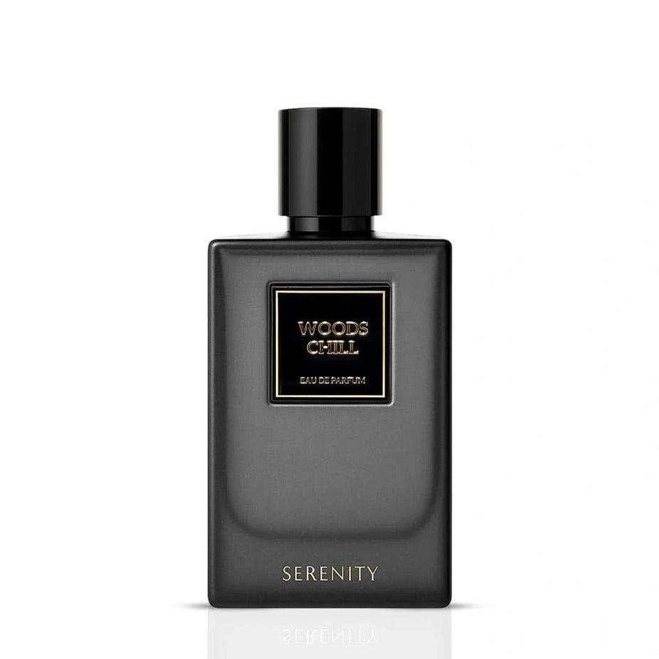 Serenity Woods Chill Eau de Parfum spray bottle, 50ml, with elegant packaging and label design.