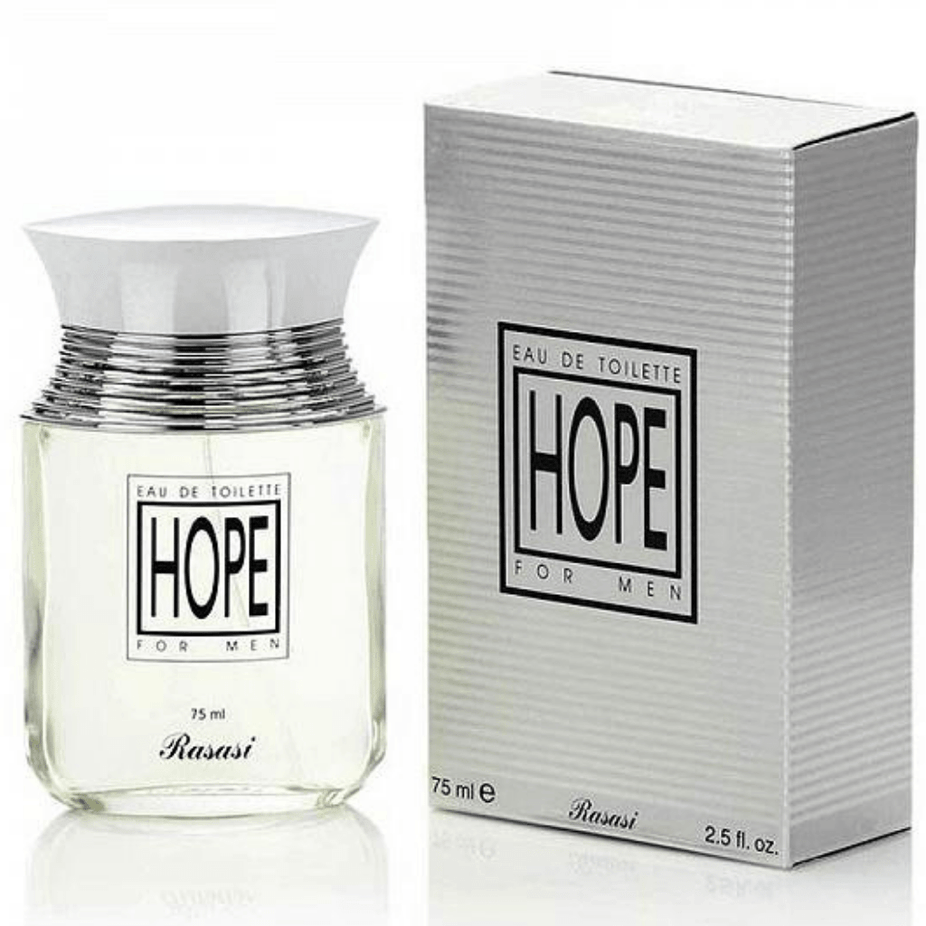 Hope for Men Eau De Parfum by Rasasi in a 75ml bottle, featuring sleek packaging and a sophisticated fragrance design.