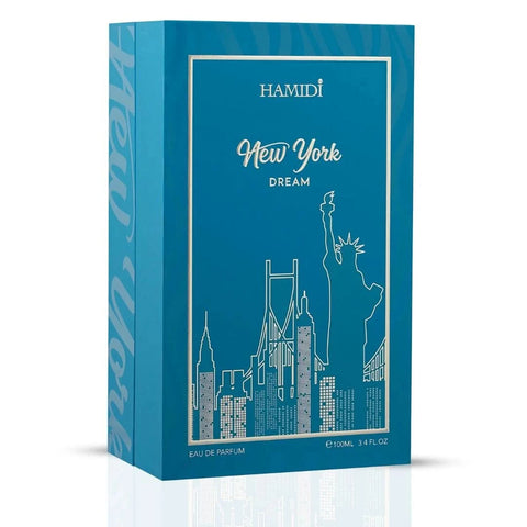 Hamidi New York Dream Eau de Parfum spray 100ml bottle with elegant packaging and floral design, showcasing the fragrance's luxurious presentation.