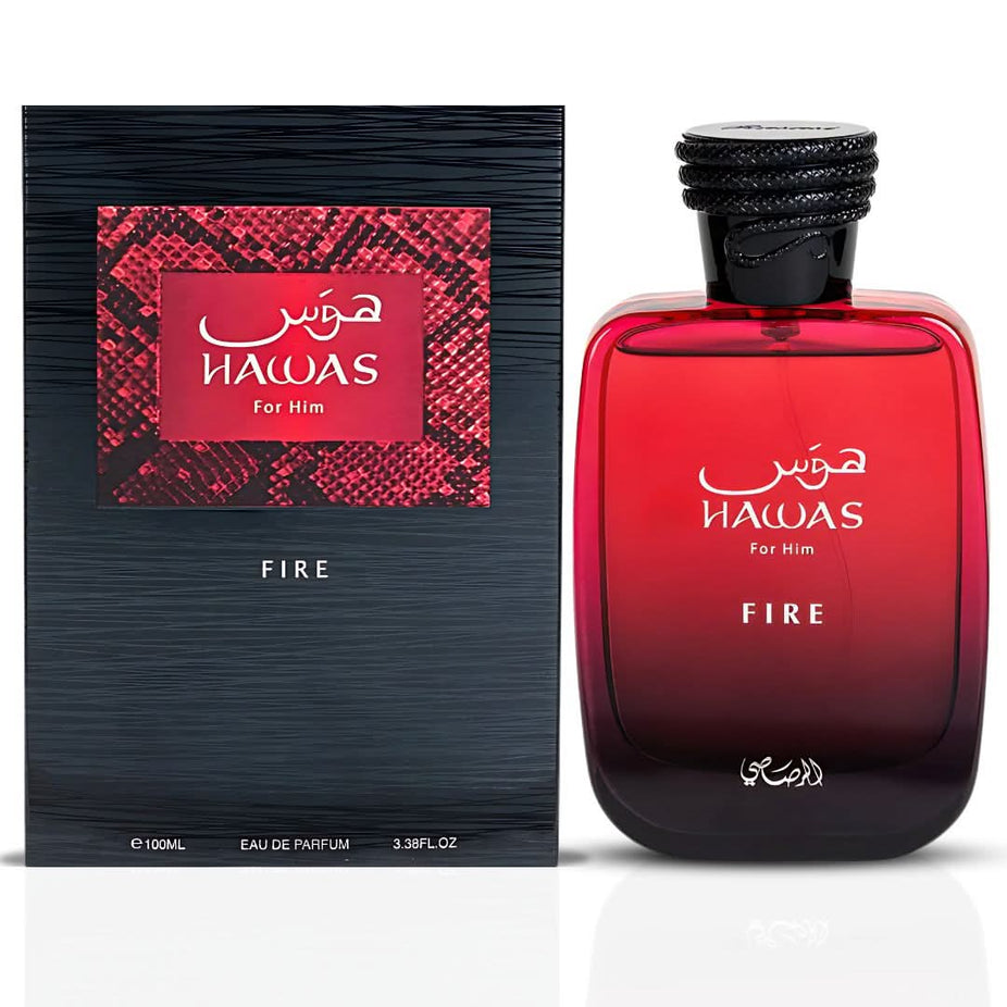 Rasasi Hawas for Him and Hawas Fire Eau de Parfum sprays in 100ml bundle, featuring sleek bottles and vibrant packaging.