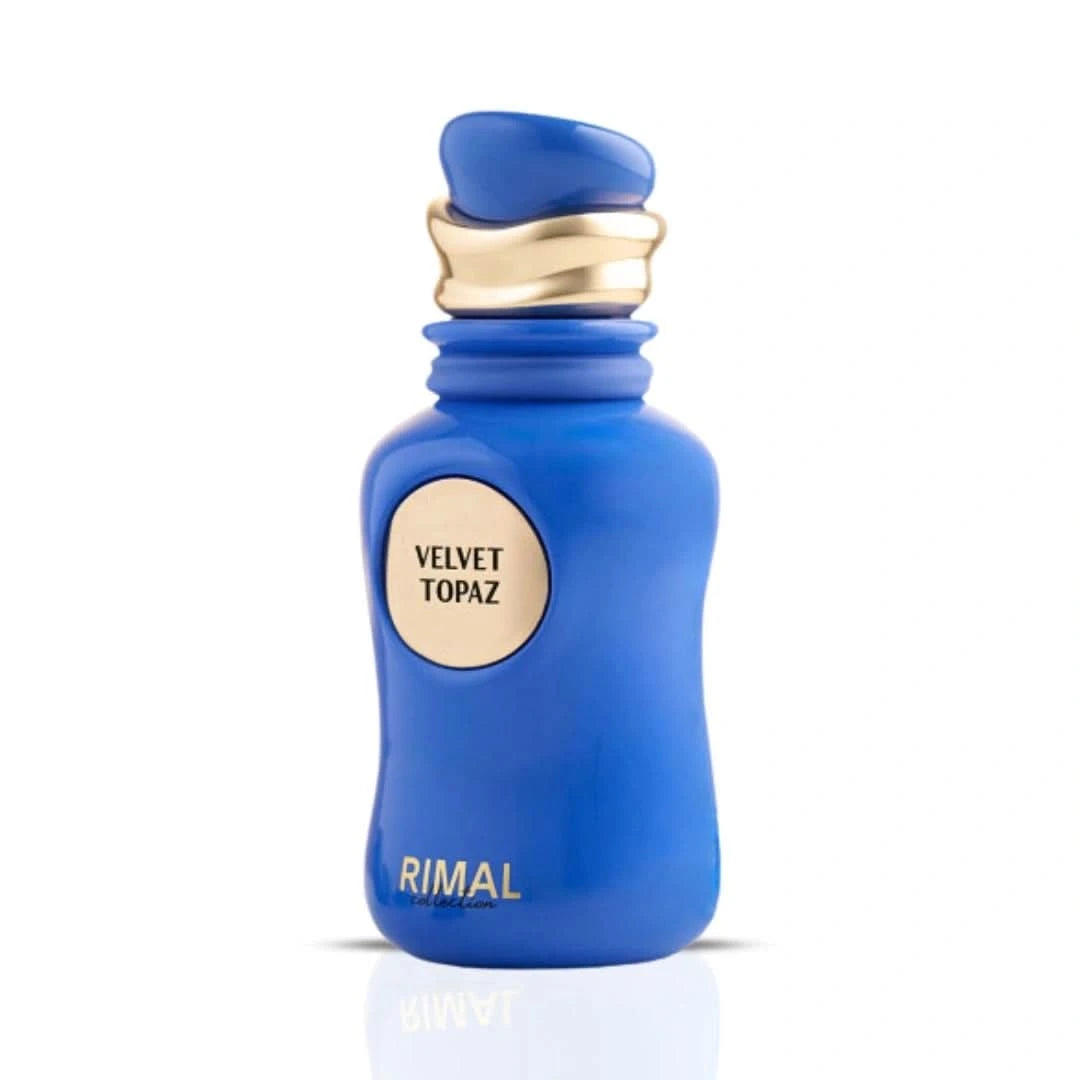 Velvet Topaz Eau de Parfum spray by Rimal Collection, 100ml bottle with elegant design and amber-colored liquid.