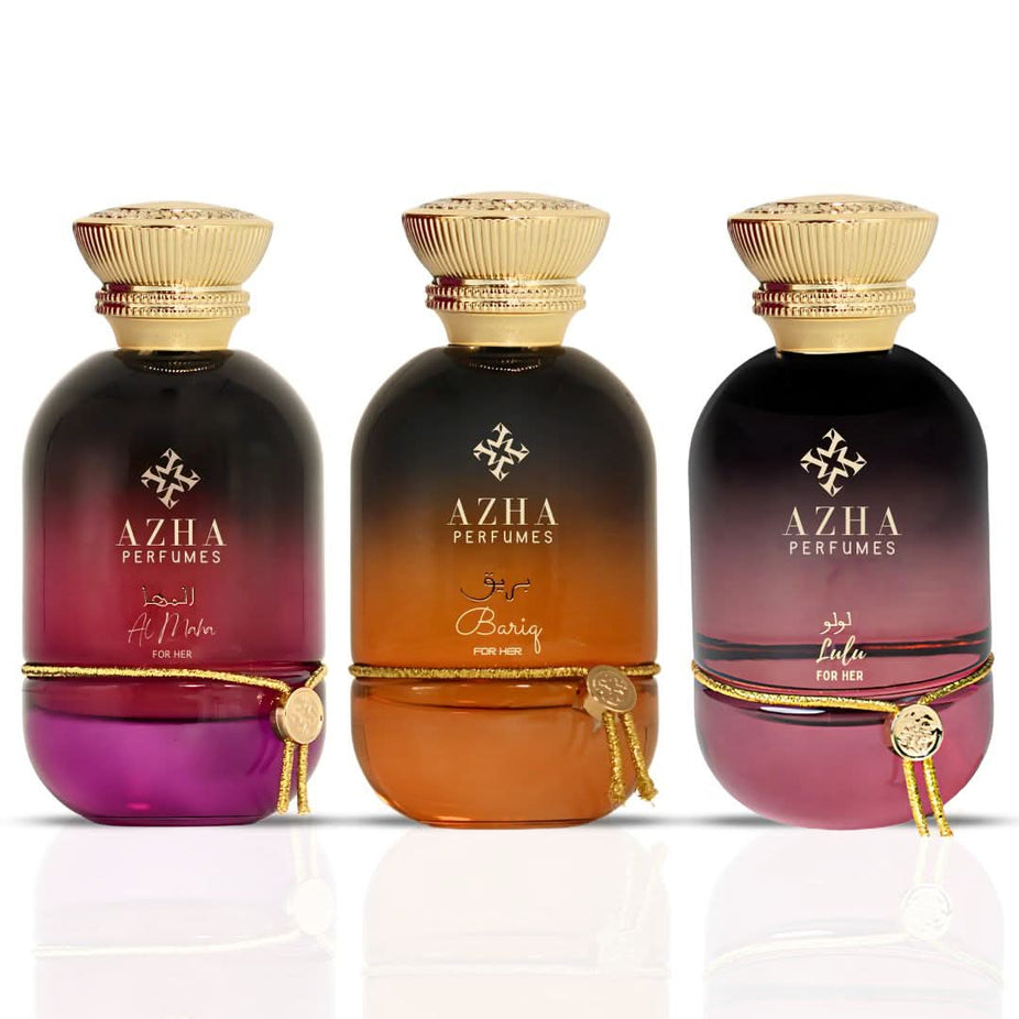 Azha Bariq, Lulu & Al Maha for Her Eau De Parfum collection, three 100ml perfume spray bottles featuring elegant packaging.