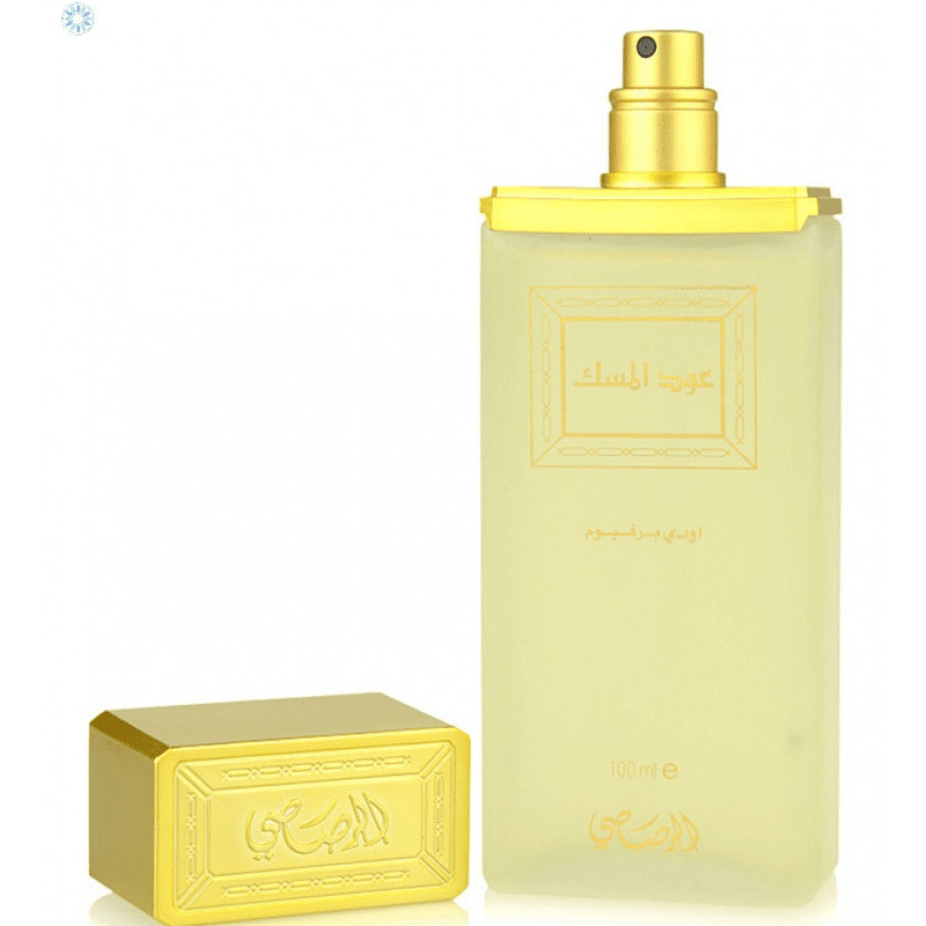 Rasasi Oudh Al Misk EDP 100ml Eau De Parfum bottle with elegant design and fragrance details.