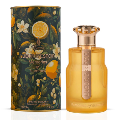 Paris Corner Lueur d'Espoir Memories of Summer and Arena Intense Eau de Parfum sprays 100ml bottles, elegant packaging.