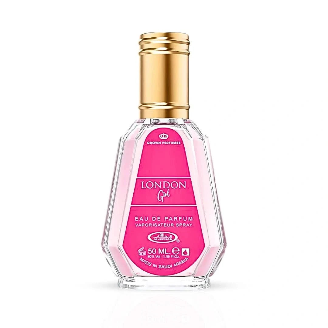 Al Rehab London Girl Eau de Parfum spray 50ml in a velvet pouch, featuring a stylish bottle with elegant floral design.