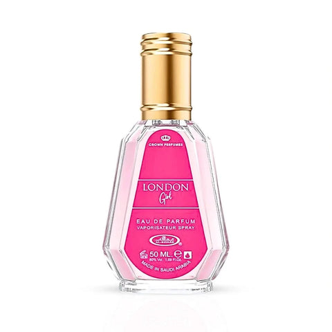 Al Rehab London Girl Eau de Parfum spray 50ml in a velvet pouch, featuring a stylish bottle with elegant floral design.