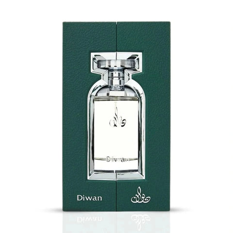 Arabian Oud Diwan Eau de Parfum spray bottle, 100ml, with elegant packaging and floral fragrance details visible.