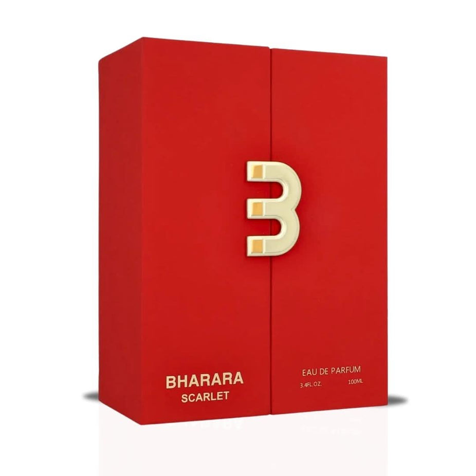 Bharara Scarlet Eau de Parfum spray bottle, 100ml, featuring elegant packaging and a sleek design by Bharara.