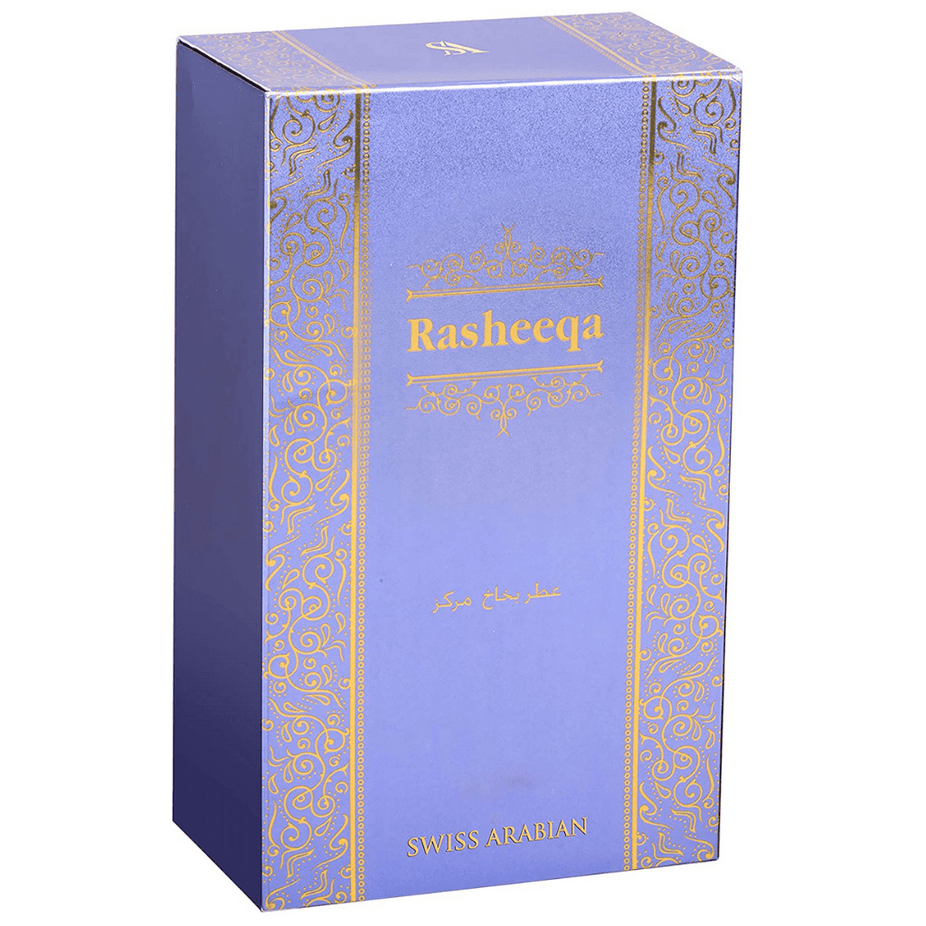 Swiss Arabian Rasheeqa women’s EDP perfume bottle, 50ml (1.7 oz), elegant glass container with floral and oriental design elements.