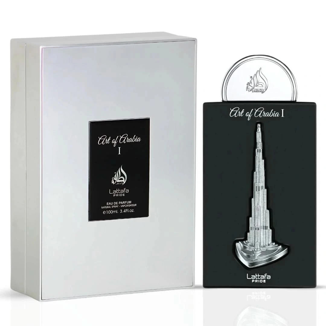 Bundle of three Lattafa Art Of Arabia Eau de Parfum sprays, 100ml each, featuring elegant fragrance bottles and decorative packaging.