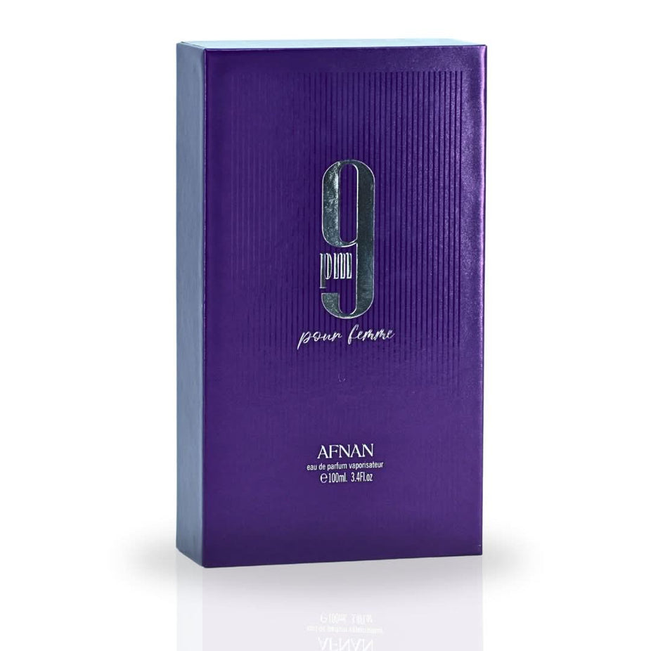 Afnan 9PM Pour Femme Eau de Parfum spray bottle, 100ml, with elegant packaging and floral-inspired design.