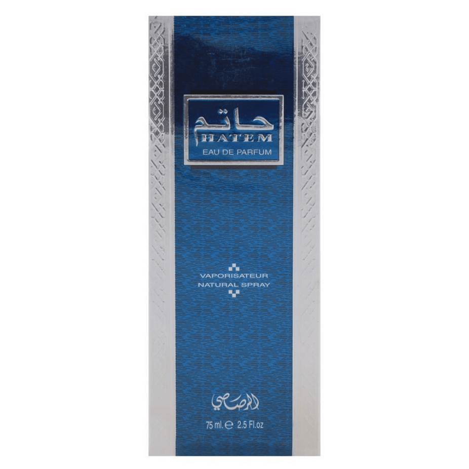 Rasasi Hatem for Men Eau De Parfum bottle, 75 ML, featuring sleek design and branding, with the perfume spray nozzle visible.