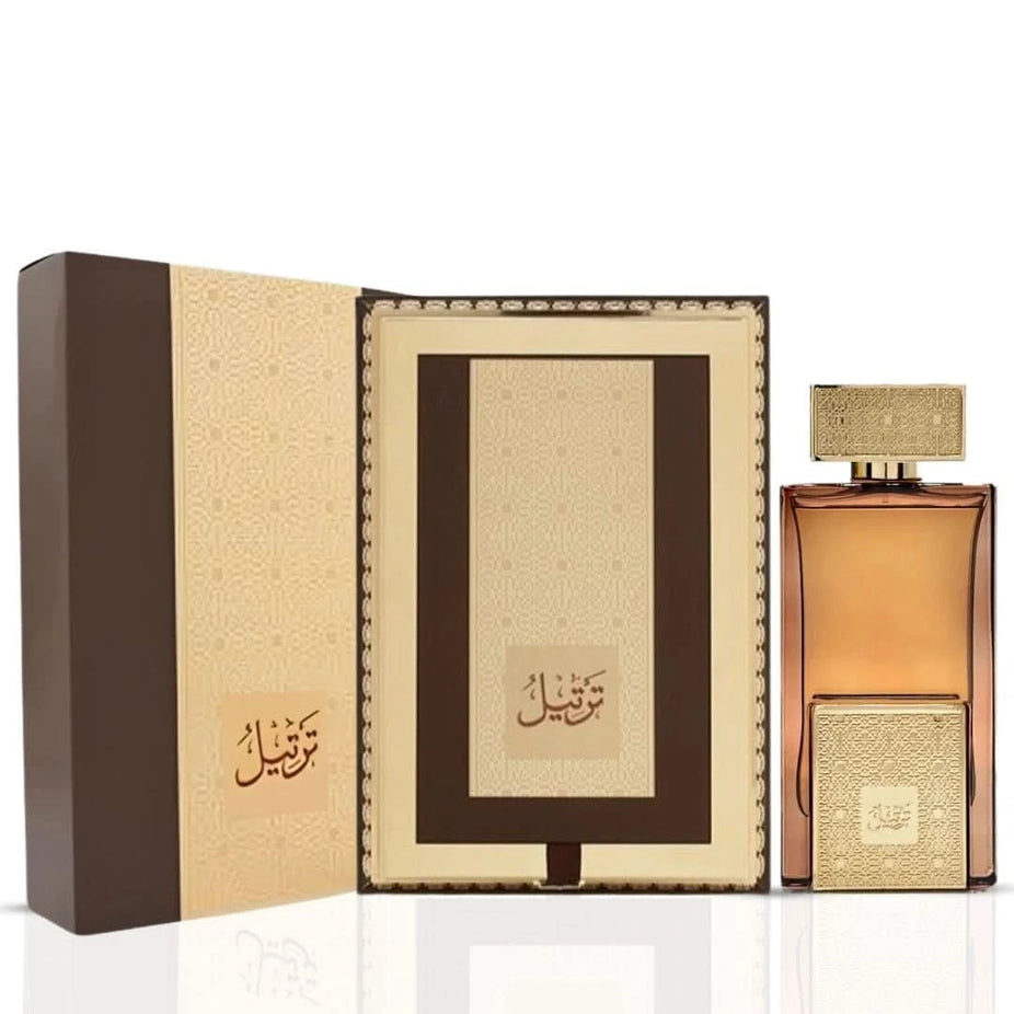 Arabian Oud Tarteel Gold Eau de Parfum spray bottle, 75ml, with elegant gold packaging and floral fragrance details.