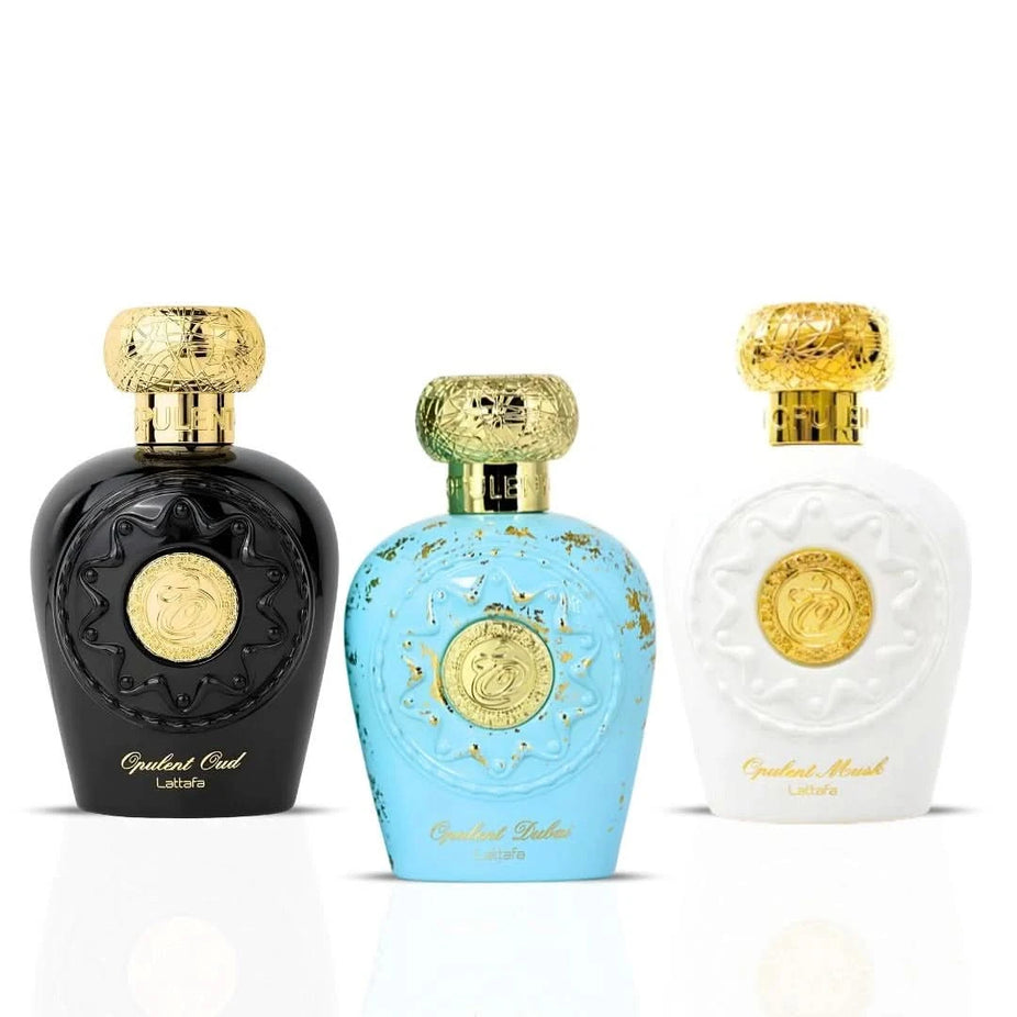 Lattafa Opulent Oud, Musk, and Dubai Eau de Parfum sprays in 100ml bundle, featuring elegant bottles with luxurious fragrance designs.