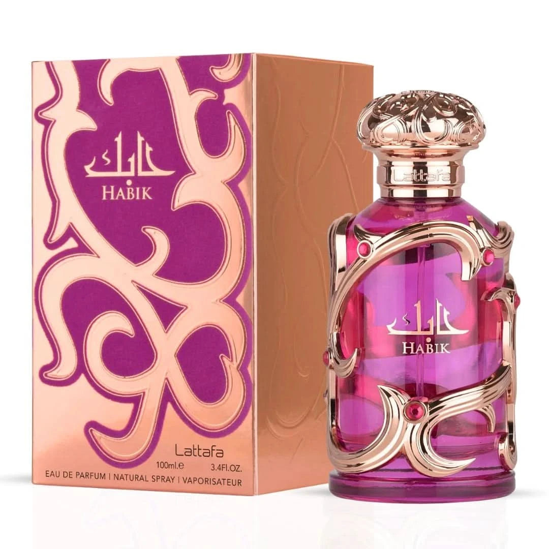 Lattafa Habik for Women and Petra Eau de Parfum Spray bundle, 100ml each, featuring elegant perfume bottles in a sleek display.
