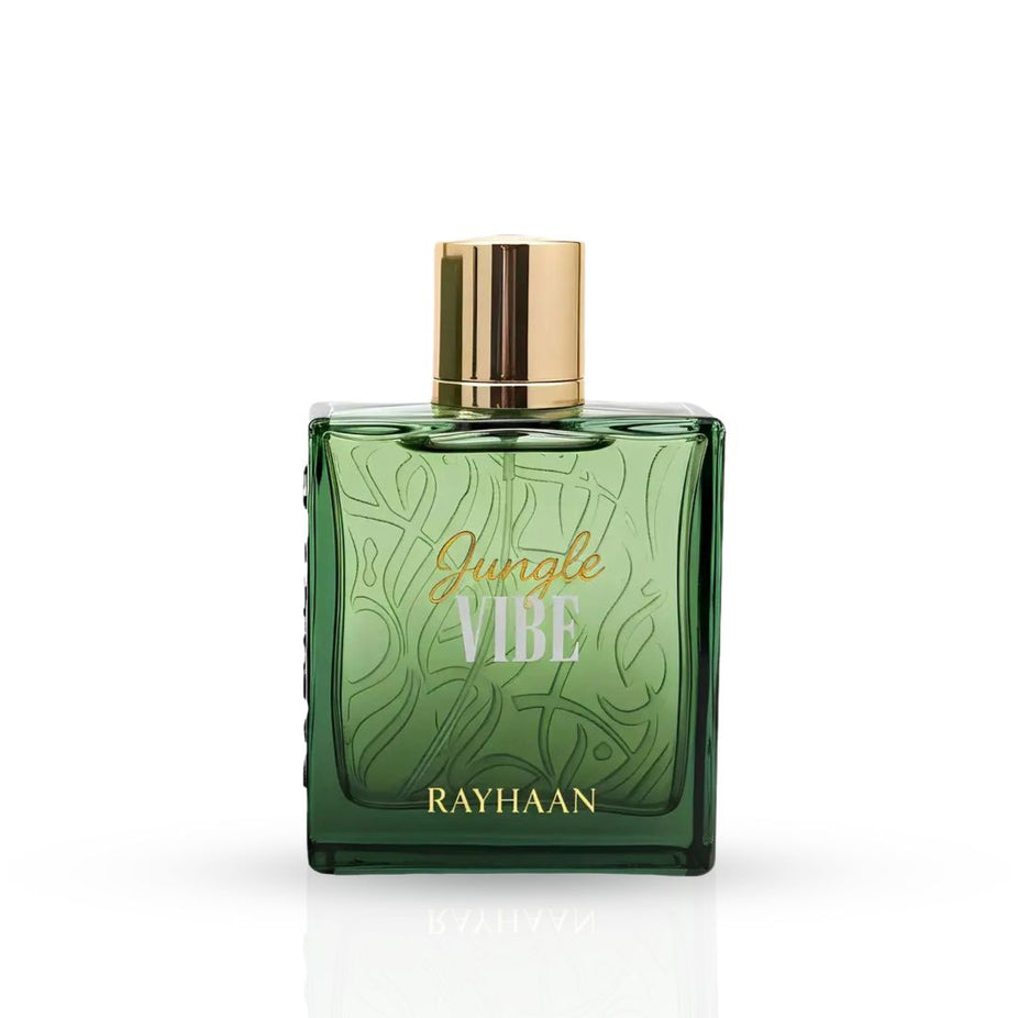 Rayhaan Jungle Vibe Eau de Parfum spray in 100ml velvet pouch, featuring lush jungle-inspired fragrance design.