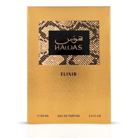 Rasasi Hawas Elixir Eau de Parfum spray bottle, 100ml, with elegant packaging and branding visible in the image.
