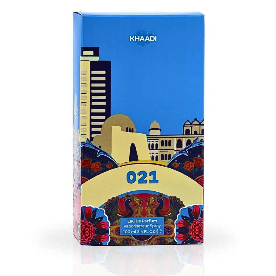 Khaadi 021 Eau de Parfum Spray 100ml bottle with elegant design, showcasing the luxurious fragrance packaging.