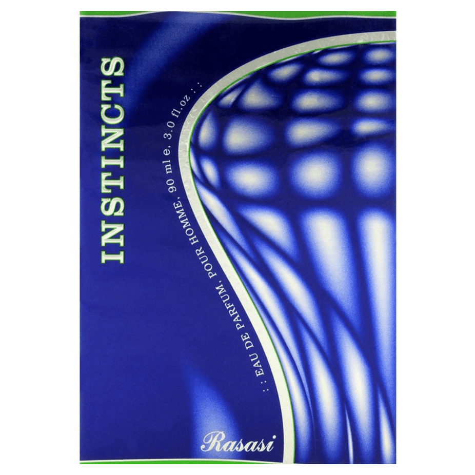 Instincts for Men Rasasi Eau De Parfum 90ml bottle, featuring sleek packaging and a modern fragrance design.
