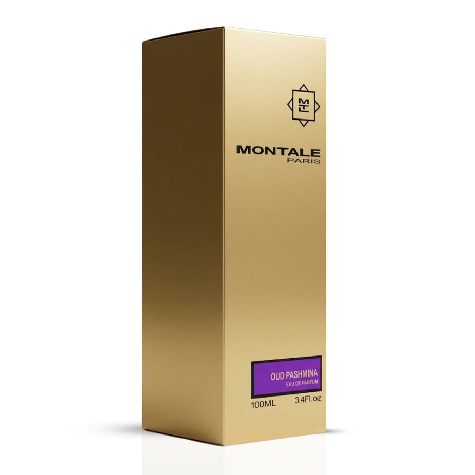 Montale Oud Pashmina Eau de Parfum spray bottle with elegant packaging, 100ml, showcasing the luxurious fragrance.