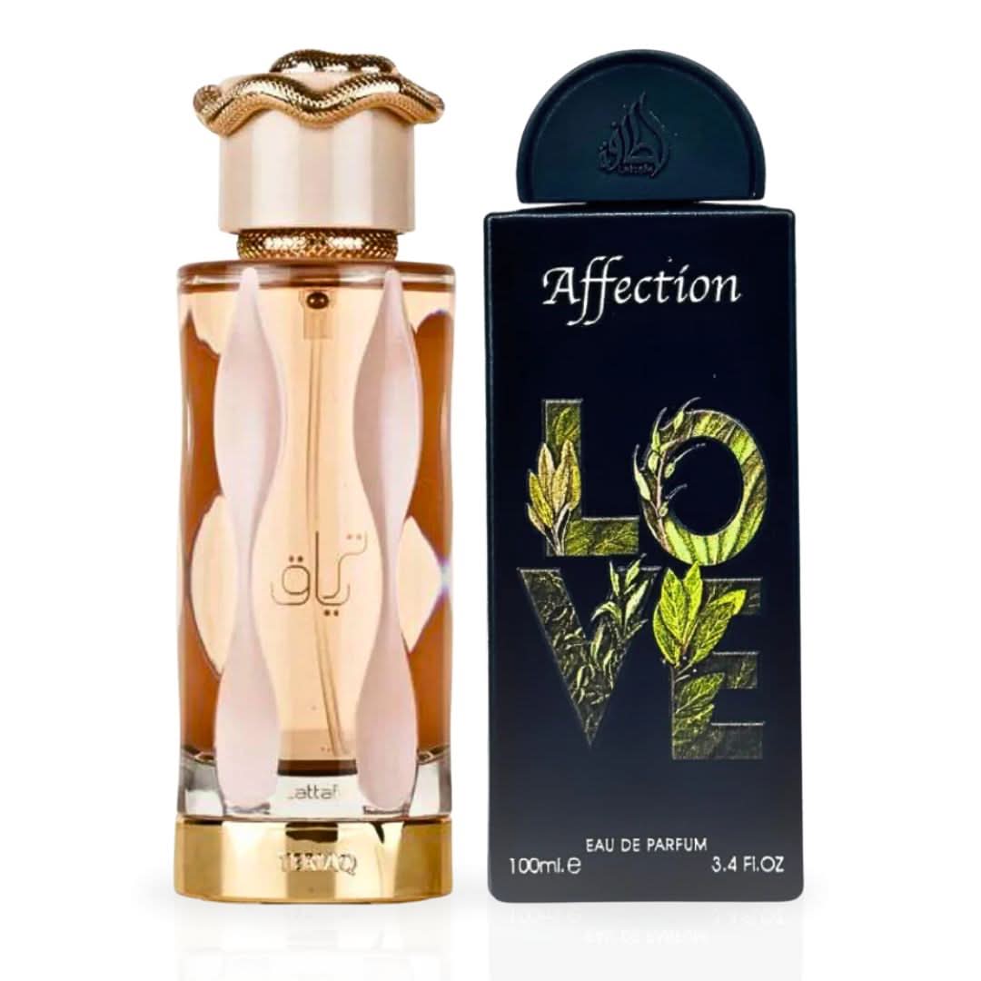 Lattafa Teriaq & Affection Eau de Parfum sprays bundle, 100ml each, featuring stylish bottles and elegant packaging.