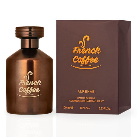 Three bottles of Al Rehab French Coffee Perfume Eau de Parfum Spray in 100ml bottles, with elegant packaging and fragrance details.