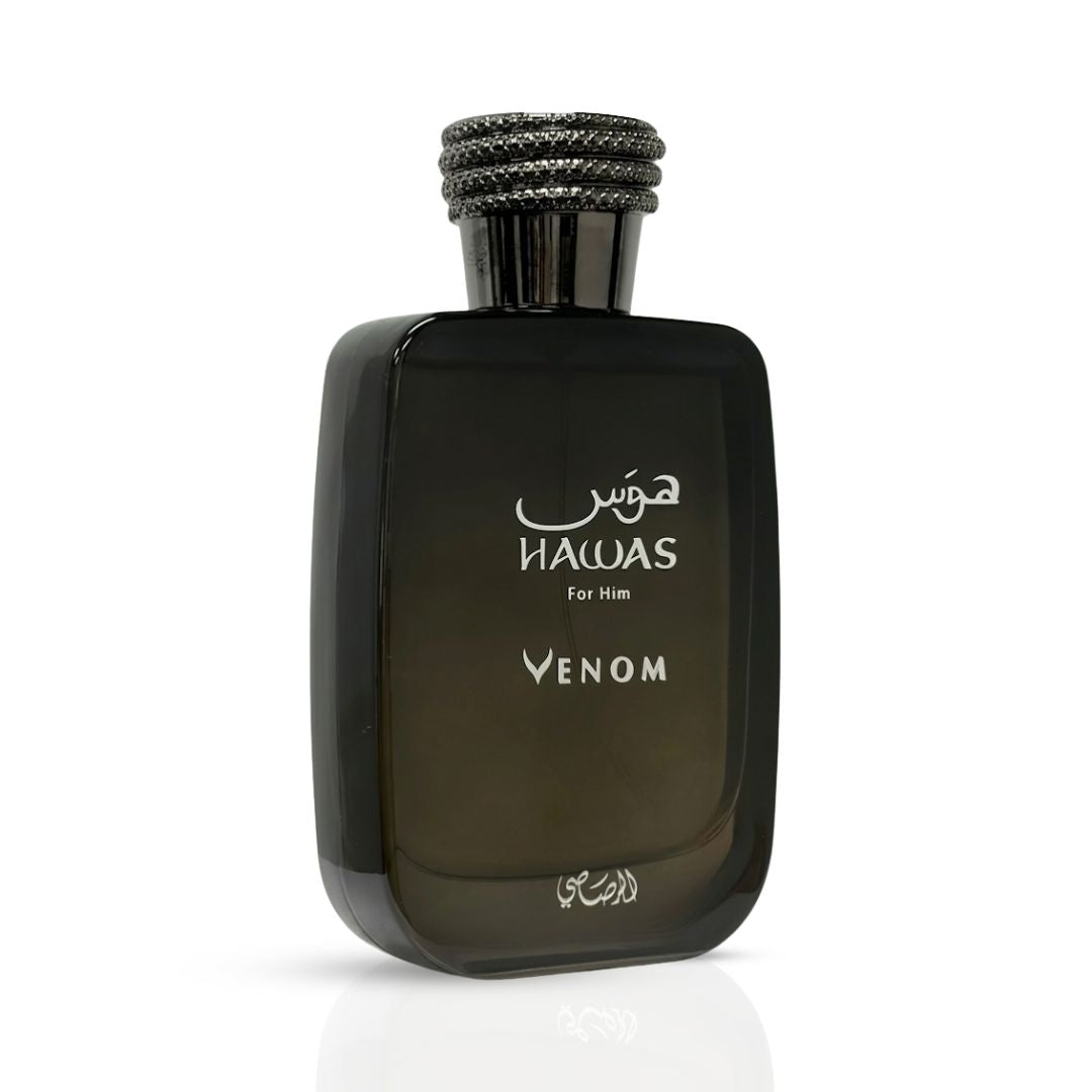 Hawas Venom Eau de Parfum Spray by Rasasi, 100ml bottle with sleek design, showcasing the fragrance's luxurious packaging.