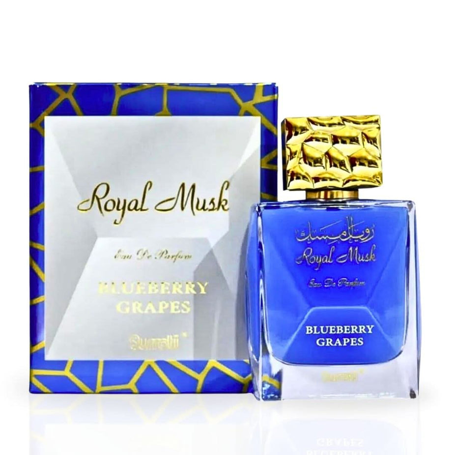 Surrati Royal Musk Blueberry Grapes Eau de Parfum spray in a 100ml bottle, shown as part of a pack of three, with elegant packaging.