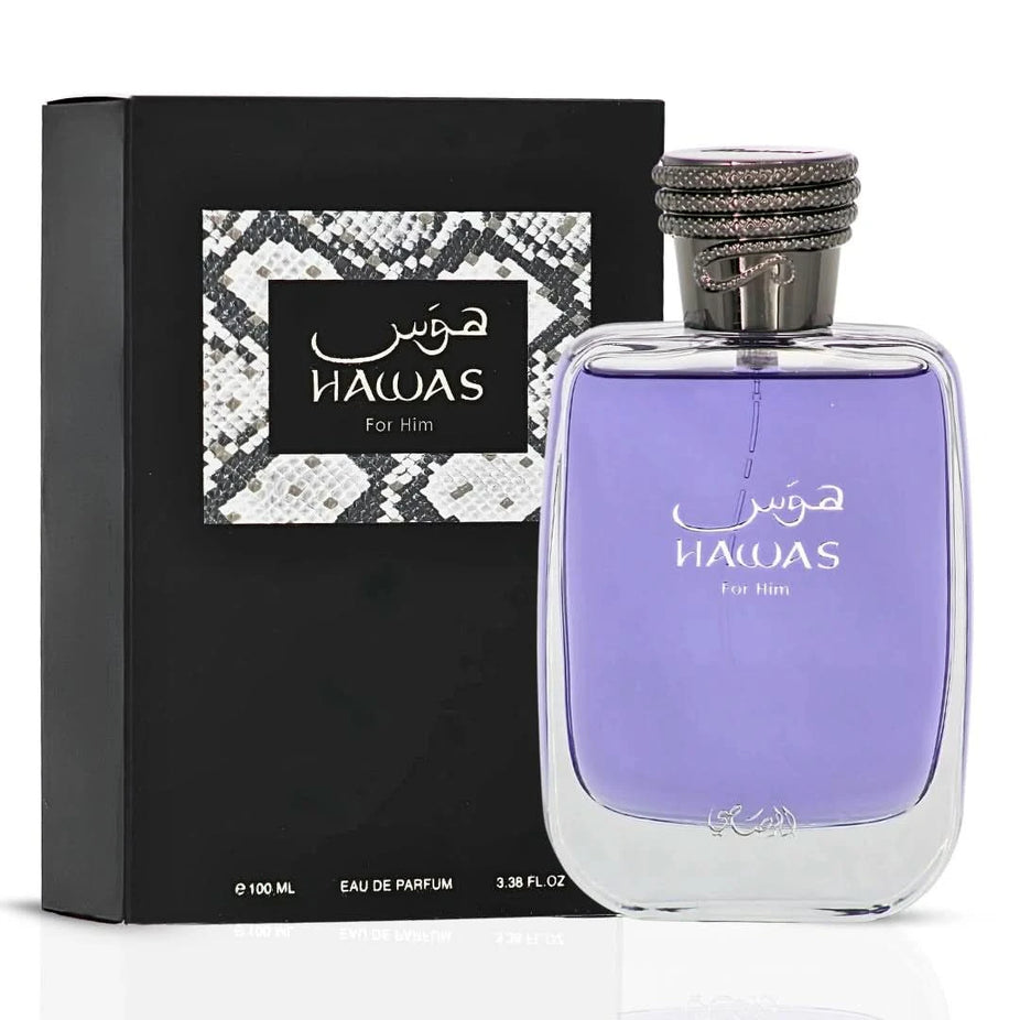 Rasasi Hawas Ice and Atlantis Eau de Parfum spray bundle, 100ml bottles, featuring sleek packaging and vibrant fragrance labels.