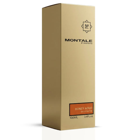 Montale Honey Aoud Eau de Parfum spray bottle, 100ml, featuring a sleek design and honey-colored liquid inside.