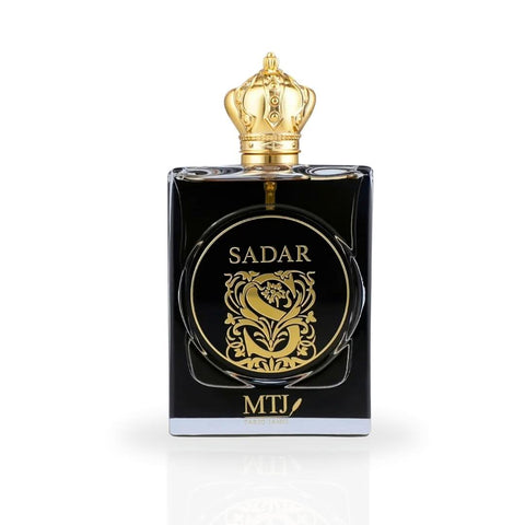 MTJ Sadar EDP Spray 100ML, long-lasting unisex perfume with refreshing aquatic and woody scent, luxurious fragrance presentation.