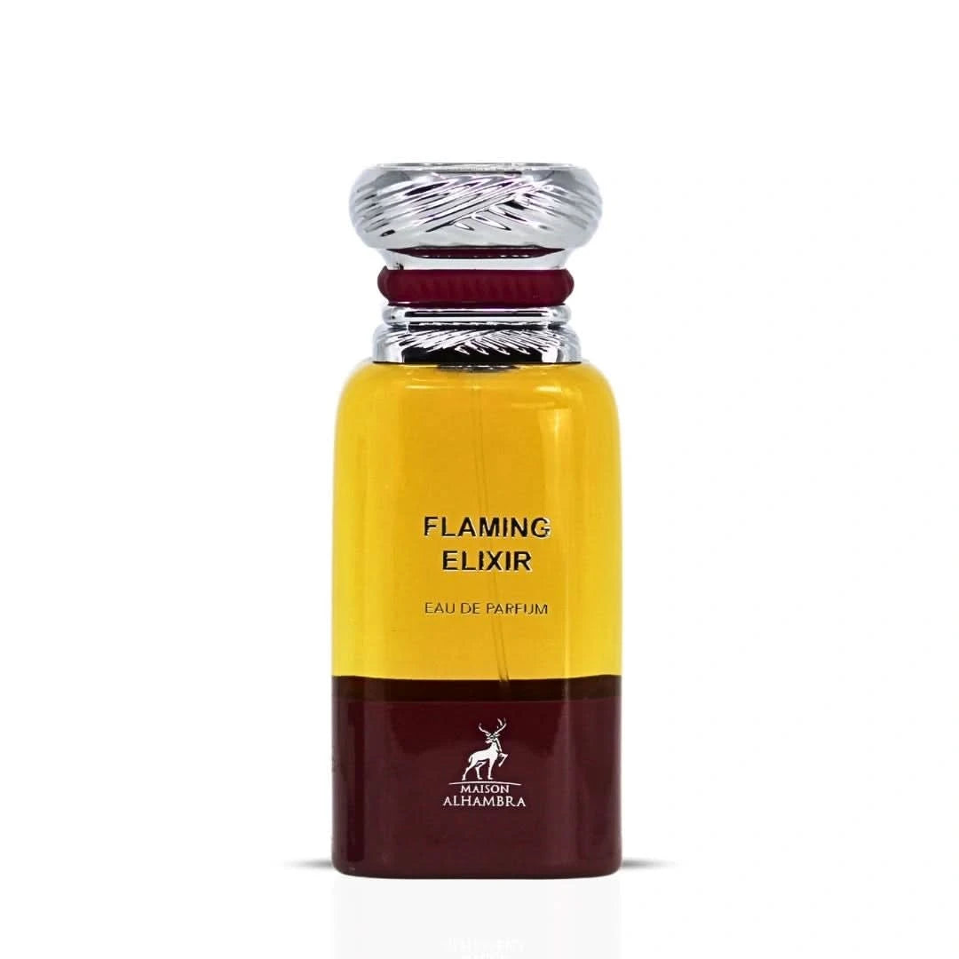 Flaming Elixir Eau de Parfum spray by Maison Alhambra, 80ml bottle with intricate design, showcasing the luxurious fragrance.