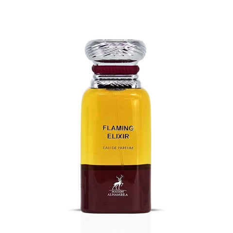 Flaming Elixir Eau de Parfum spray by Maison Alhambra, 80ml bottle with intricate design, showcasing the luxurious fragrance.