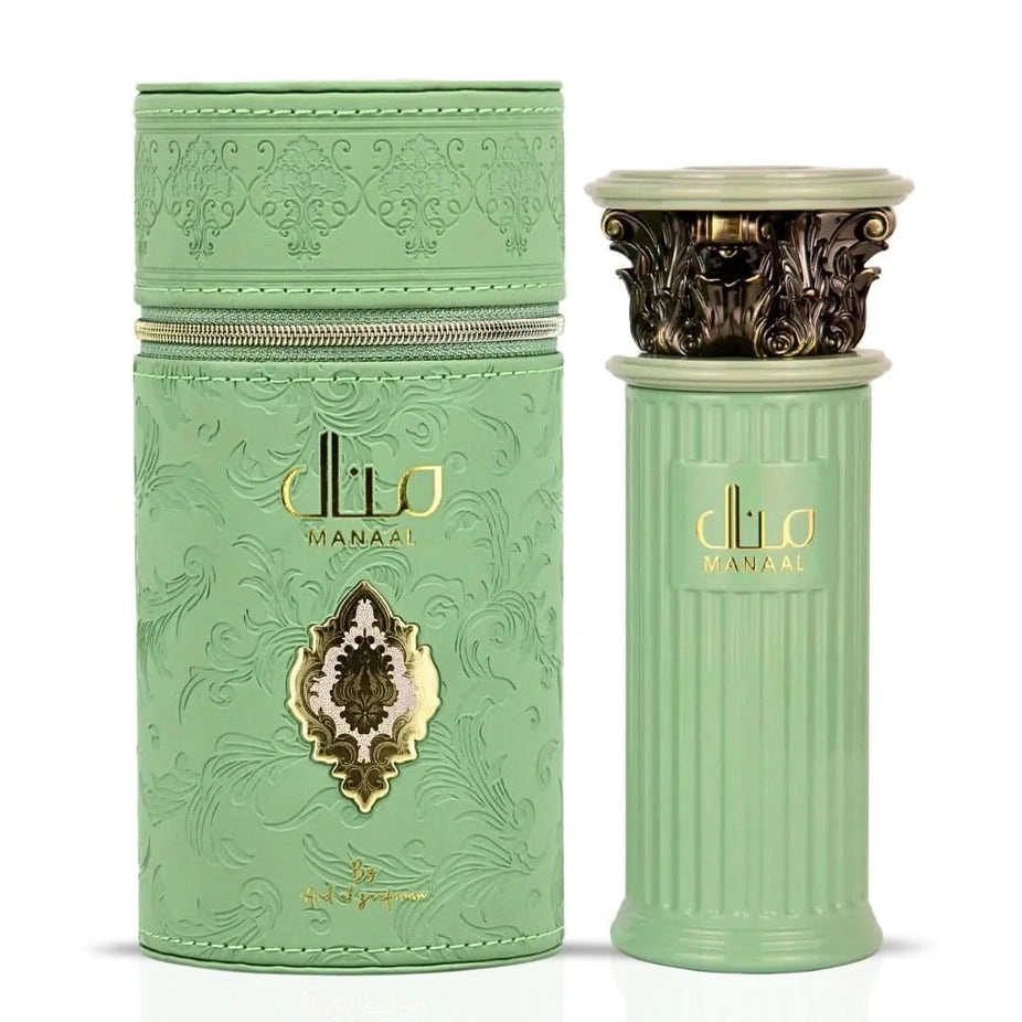 Bundle of two 100ml Lattafa Eau de Parfum sprays featuring Manaal by Ard Al Zaafaran and Angham, with elegant bottle designs.