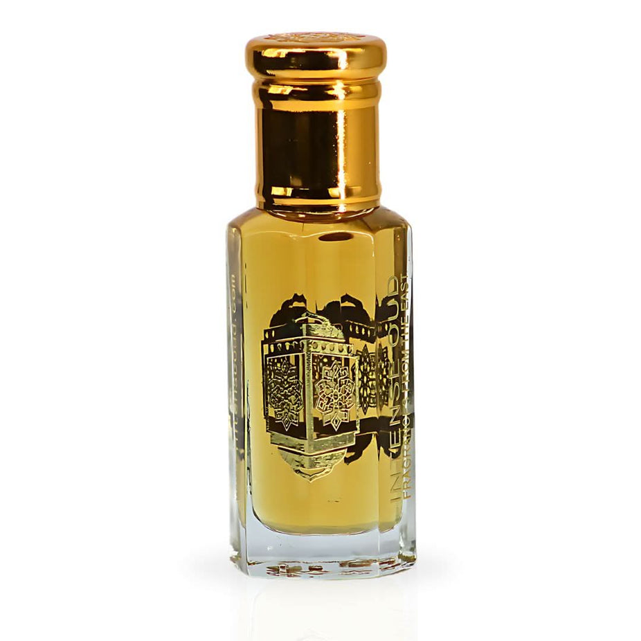 Intense Oud Attar Full Men Perfume Oil 12ml in a black gift box, featuring a clear glass bottle with a black cap.