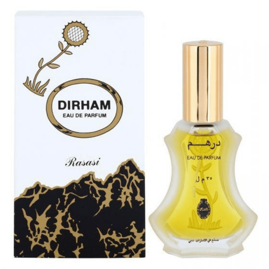 Rasasi Dirham EDP 30ML bottle with elegant design, showcasing the fragrance's luxurious essence in a sleek glass container.