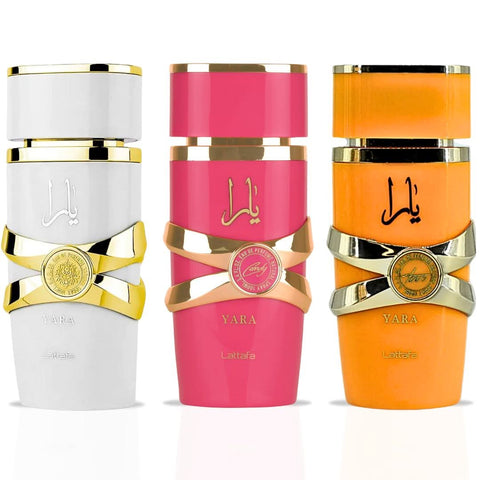 Bundle of two Lattafa Yara Candy Eau de Parfum sprays, Yara Moi and Yara Tous, 100ml each, featuring elegant perfume bottles.